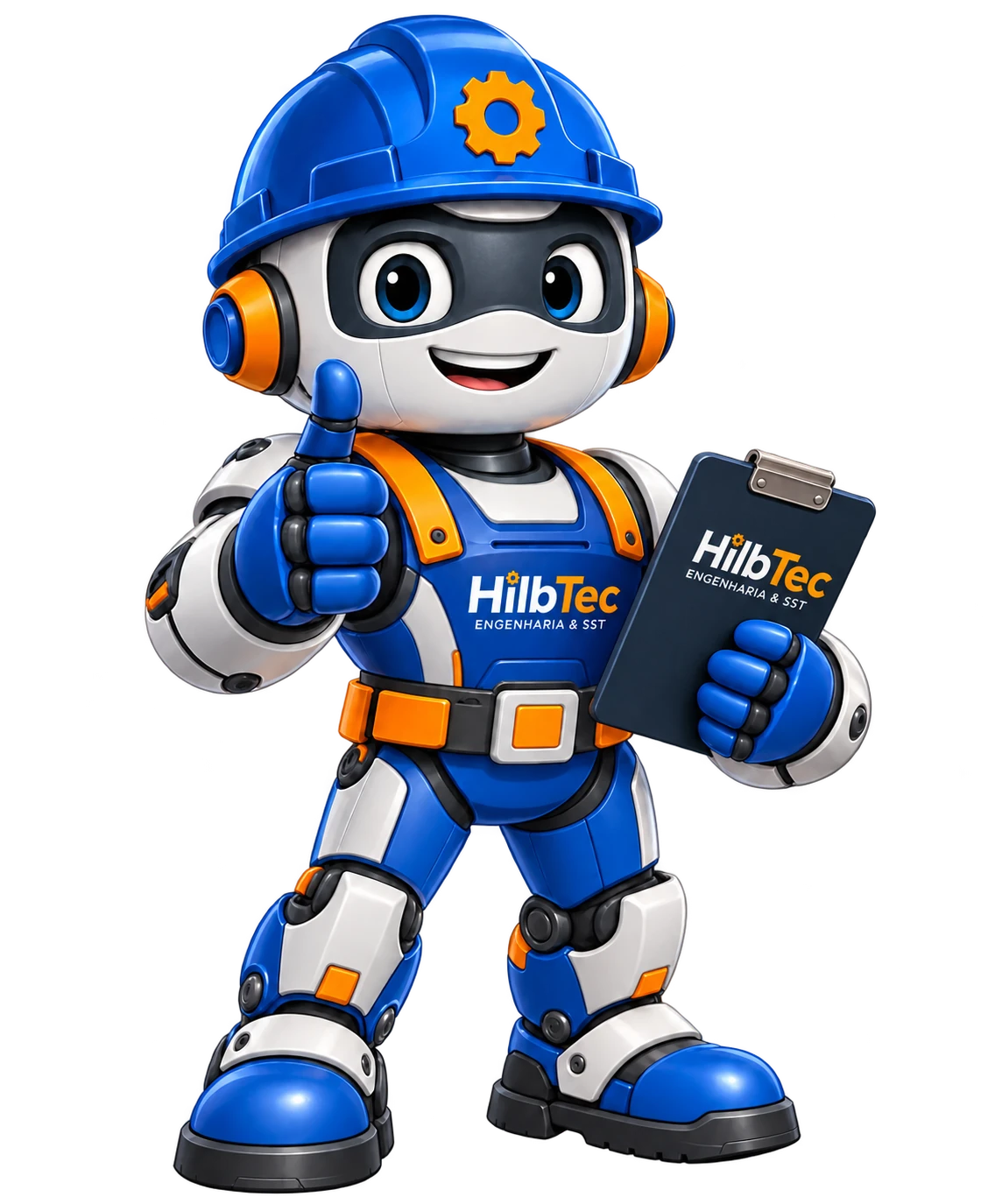 Hilb, mascote da HilbTec com capacete azul e prancheta.