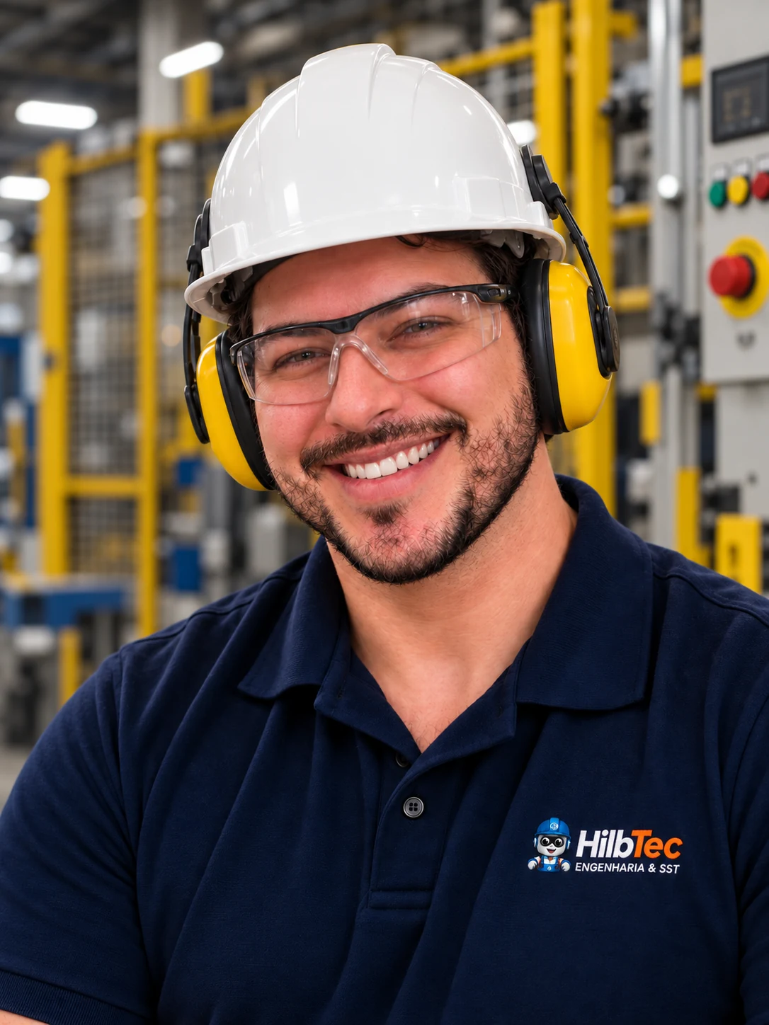 Hilbernon Laplechade Medeiros usando capacete branco, óculos de proteção, abafadores e polo da HilbTec.